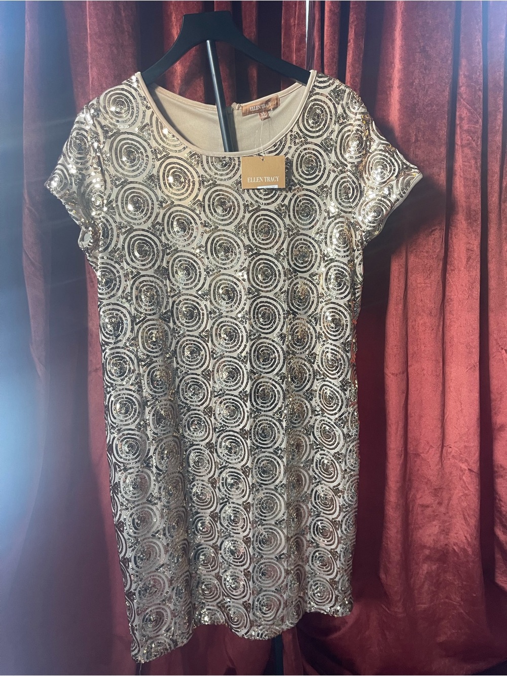 Eileen Fisher Gold Sequin Spiral Shift Mini Dress